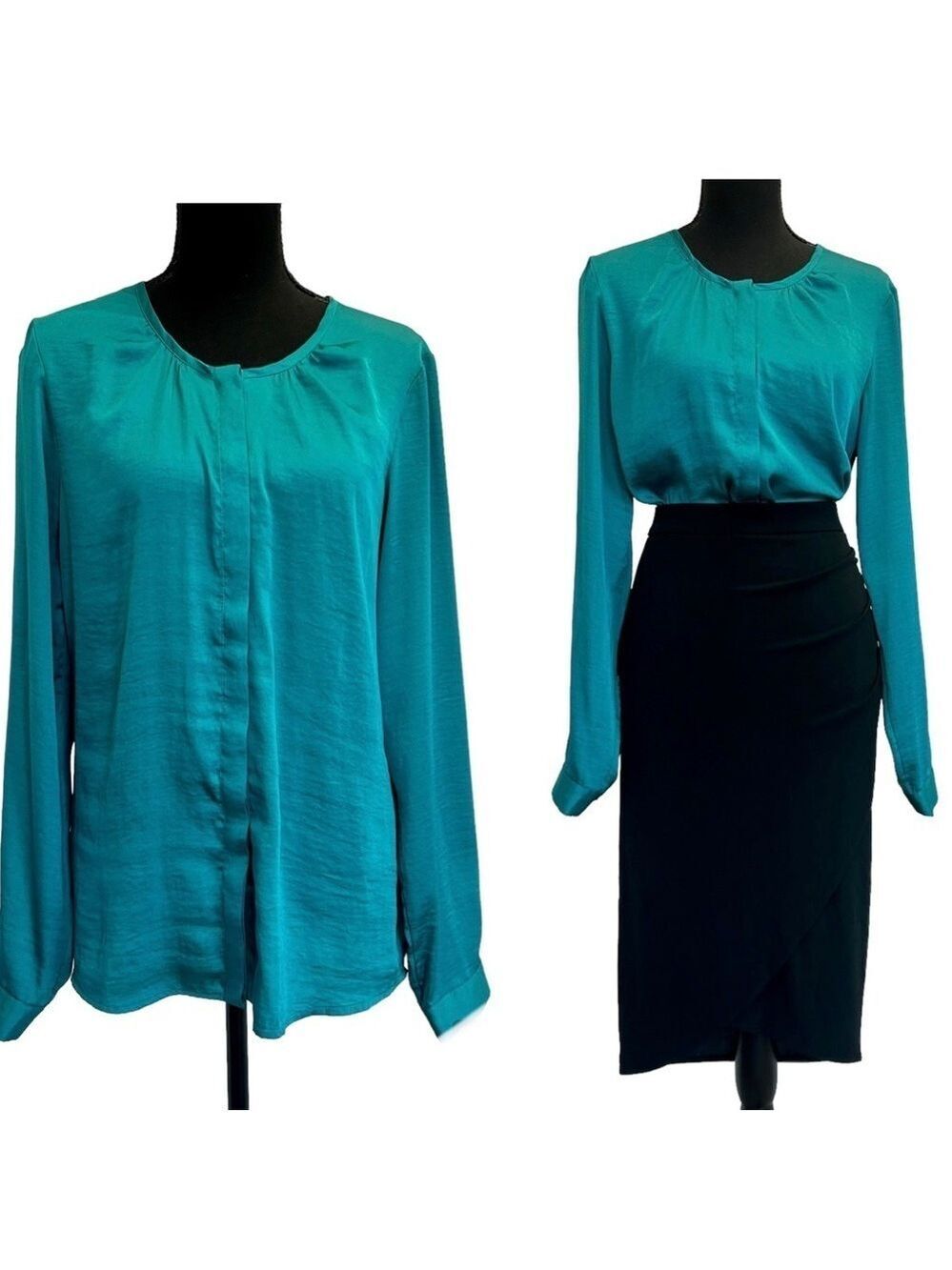 Forever 21 turquoise blue long sleeve satin effect button front blouse Sz L